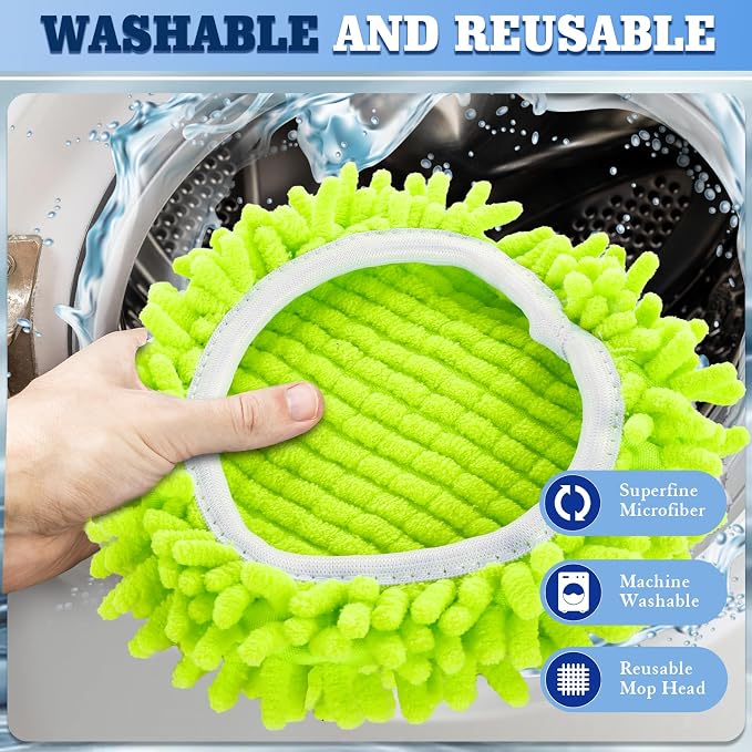 Spin Mop Refills Compatible with OCedar EasyWring 1-Tank, 4-Pack Microfiber Replacement Heads (2 White, 2 Green), 1 Scrub Brush & 1 Mop Base, Floor Cleaning Accessories