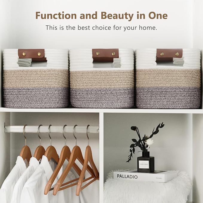 ECDYQXVU 15x10x9 Woven Cotton Rope Storage Basket, Leather Handles 2 Pack | Foldable Design, Sturdy PU Handles, Easy to Clean Organizer for Living Room, Closet, Shelves, Bedroom, Laundry, Clothes