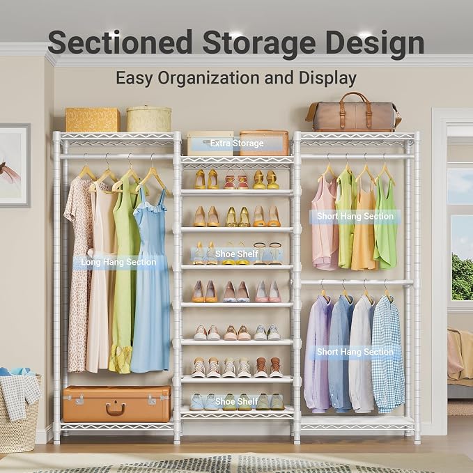 VIPEK S3 Freestanding Clothes Rack Heavy Duty Garment Rack 8-Tier Shoe Racks Closet Storage Organizer Large Wardrobe, Hanging Rod, Adjustable Metal Shelf, 68.9" L x 15.7" W x 76.4" H, White