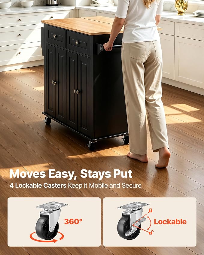 VEVOR Kitchen Island Cart with Storage, 43.58 in Wide Mobile Rolling Storage Island on Swivel Wheels, with 2 Drawers, Storage Cabinet, Drop Leaf, Spice/Towel Rack, Table for Home Dining Room, Black