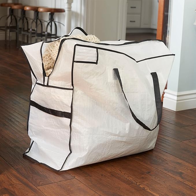 Household Essentials 2622 MightyStor Large Storage Bag with Handles | Clothing and Linen Storage Bag | White Tarp with Black Trim (Pack of 12)