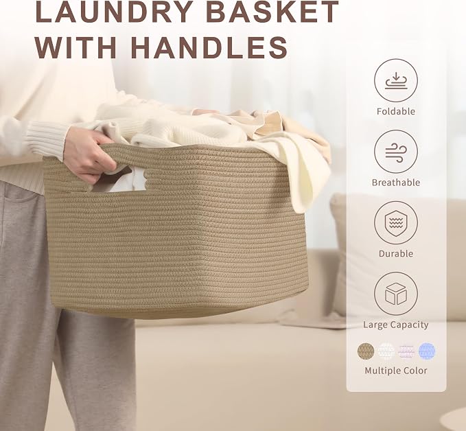 60L Woven Laundry Basket Hamper with Handles, Jute | 21"x15"x11", collapsible wicker hamper, storage for dirty clothes, toys, blankets, gifts, living room, bedroom, bathroom