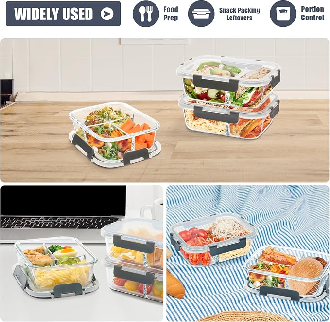 2 & 3 Compartment Glass Meal Prep Containers 6 Pack, 34oz Lunch Containers | Portion Control, Glass Food Storage Containers with Airtight Lids, Microwave, Freezer, Dishwasher Safe, Leak-Proof