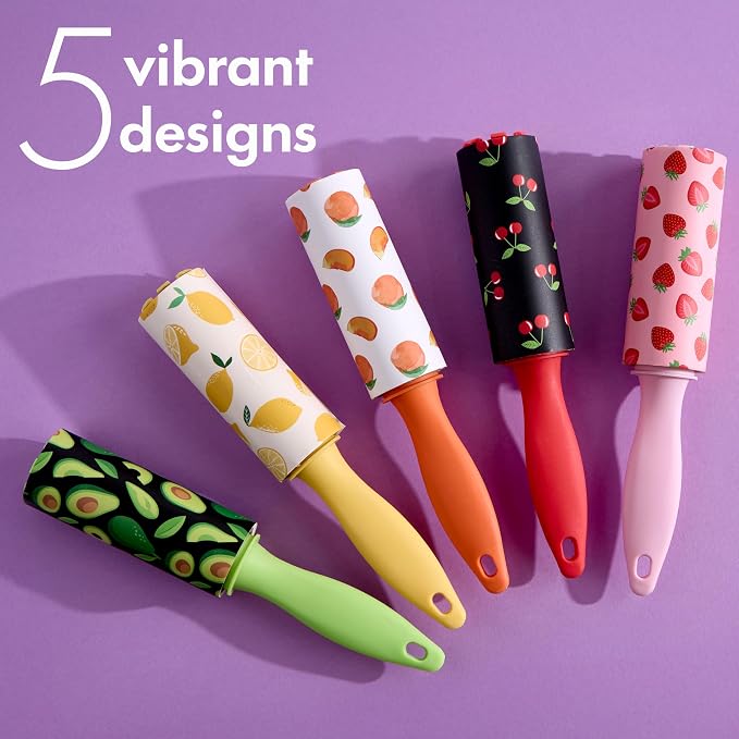 5pc Fruit Mini Lint Roller Value Pack - Colorful Compact Rollers for Travel | Pet Hair & Lint Remover for Clothing & Household Use. Portable On-the-Go Lint Removers