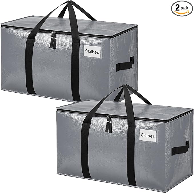 BAGAIL Heavy Duty Moving Bags with Strong Handle, Extra Large Moving Boxes, Storage Tote for Clothes, College Moving Supplies(Grey, 2 Pack)
