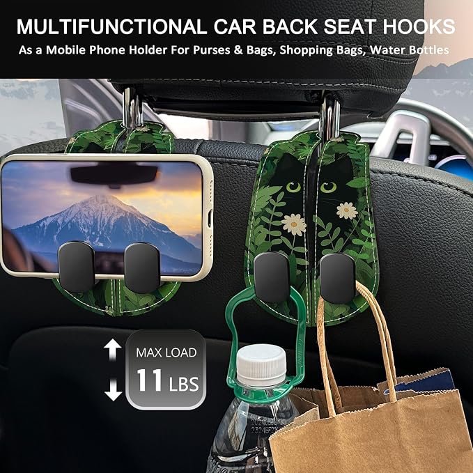 Blusabaca 2PCS Car Seat Headrest Hooks, Purses Bags Holder, Black Cat | PU Leather, Double Metal Back Storage Hangers for Grocery Bags Handbags Bottles Coats Phones, Car Accessories Organization