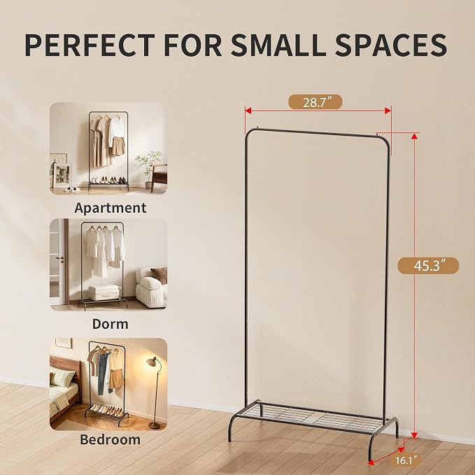 Black Clothing Rack for Small Spaces, 45" Height Garment Rack for Small Spaces, Stable Standing Clothing Organizer with Bottom Shelf, Portable Rack for Dorm, Apartment & Studio, 92LBS Capacity