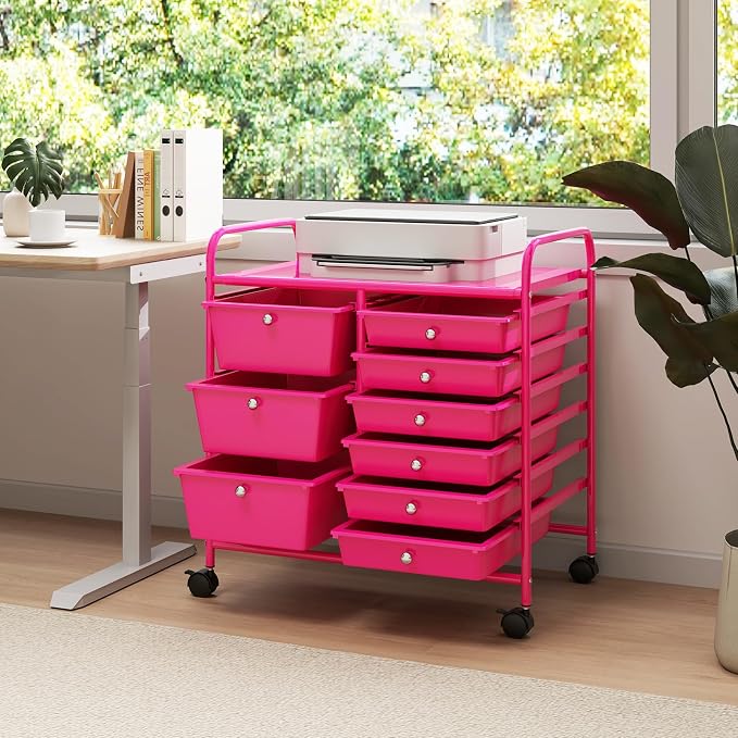 RELAX4LIFE 9 Drawer Rolling Storage Cart - Mobile Drawer Carts for Craft Art Supply Paper Salon, Utility Cart on Wheels for Classroom Teacher School Office, Rolling Cart with Drawers (Hot Pink)