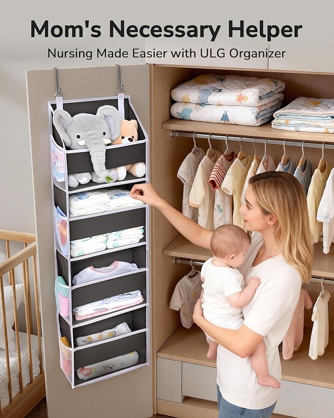 ULG 1 Pack Small Over Door Organizer with 4 Large Pockets 8 Mesh Side Pockets, Hanging Storage Organizer with Clear Window Kids Toys Deep Gray