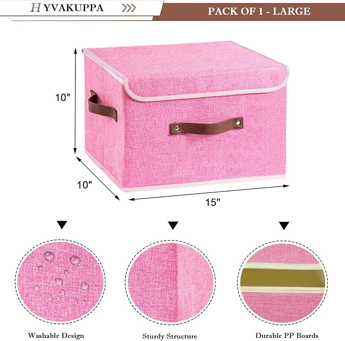 Collapsible Storage Boxes Baskets with Lid Cotton Linen Fabric Storage Bins with Faux Leather Handles Decorative Washable Cube Organizer Container for Home Closet Bedroom (Pink, Large Size)