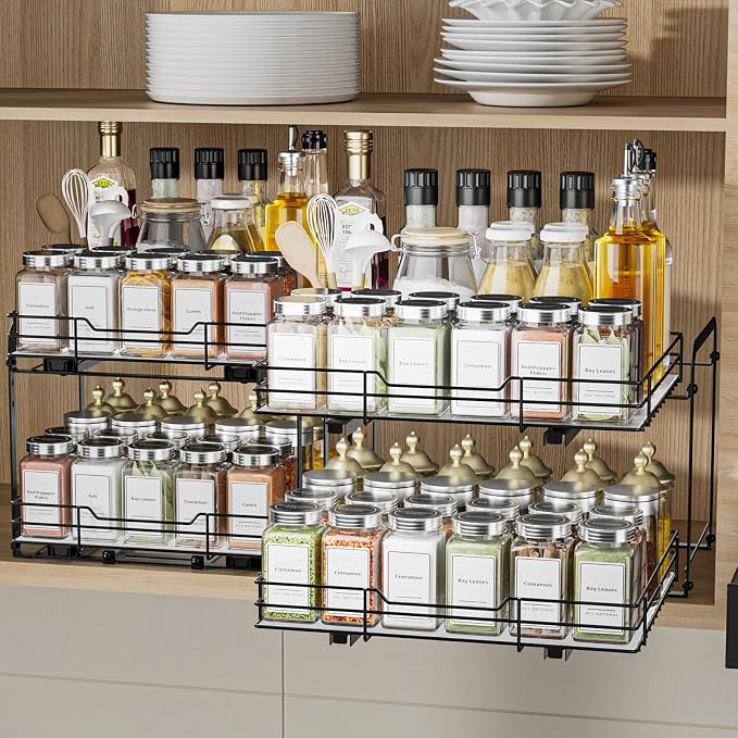 BOIVSHI 2-Tier Pull Out Spice Rack, Spice Rack Organizer, Pull Out Spice Racks for Inside Cabinets, Height Adjustable Heavy Duty Metal Basket for Inside Cabinet & Pantry (13.5''Wx10.5''Dx9.5''H)