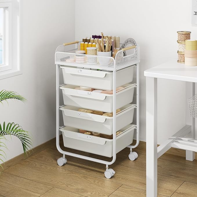 SYKIARIOL 4-Drawer Rolling Storage Cart with Mesh Top, Utility Craft Organizer Cart on Wheels with DIY Labels, Rolling Drawer Cart for Home Office Classroom Bedroom, White