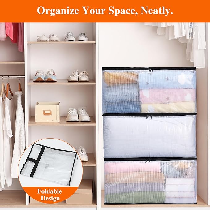 Vieshful 5 Pack 60L Clear Storage Bags with Zipper and Handles, Tear-Resistant Foldable Plastic Storage and Organizers for Clothes, Bedding, Duvets, Toys, for Closet & Moving