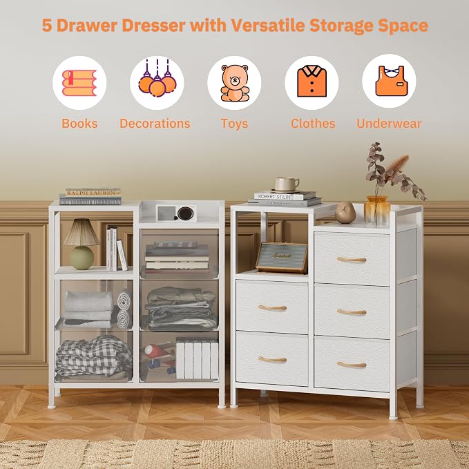 Furnulem White Dresser for Bedroom, 5 Drawer Small Fabric Closet Dresser | Small Chest of Drawers, Storage Cabinet Organizer with 2 Tier Shelf, Closet Drawer Units with Metal Frame, Dresser for Dorm