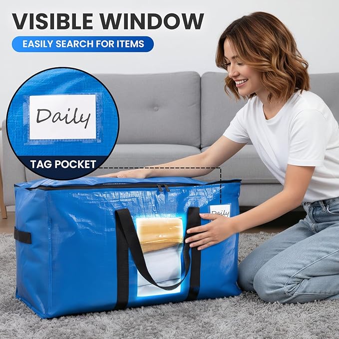 TAILI Extra Large Moving Bags, 10 Pack Blue Heavy Duty Totes for Storage with Visible Window, Wrap Around Handles, Storage Bags for Space Saving, Alternative to Moving Boxes