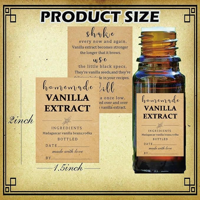 48 Pack Kraft Homemade Vanilla Extract Stickers 1.5×2 inch Square Vanilla Instruction Labels Madagascar Vanilla Beans and Vodka Extract Stickers for Handcrafted Vanilla Bottles,Jar Kitchen Pantry