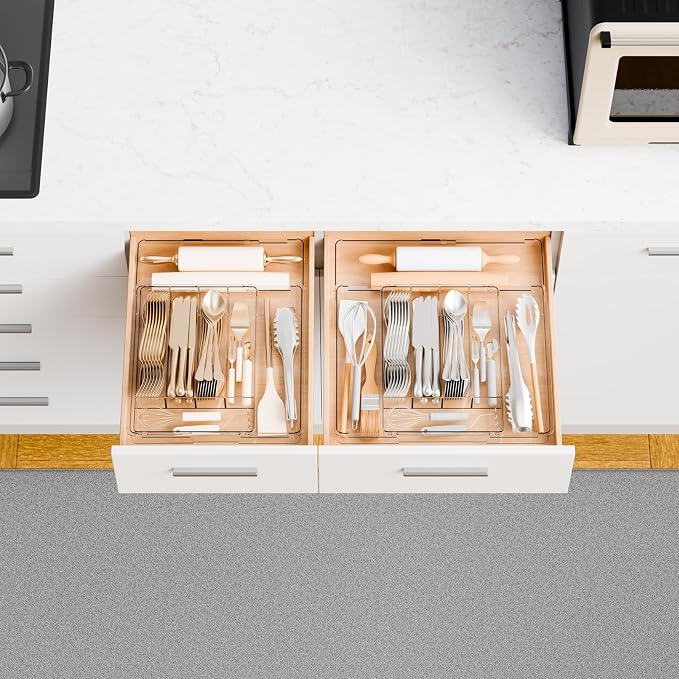 Yieach Acrylic Clear Expandable Kitchen Utensil Drawer Organizer and Silverware Organizer,BPA FREE Adjustable Silverware Tray for Drawer Cutlery,Spatula,Tools,Flatware Organizers,Fork and Spoon Holder