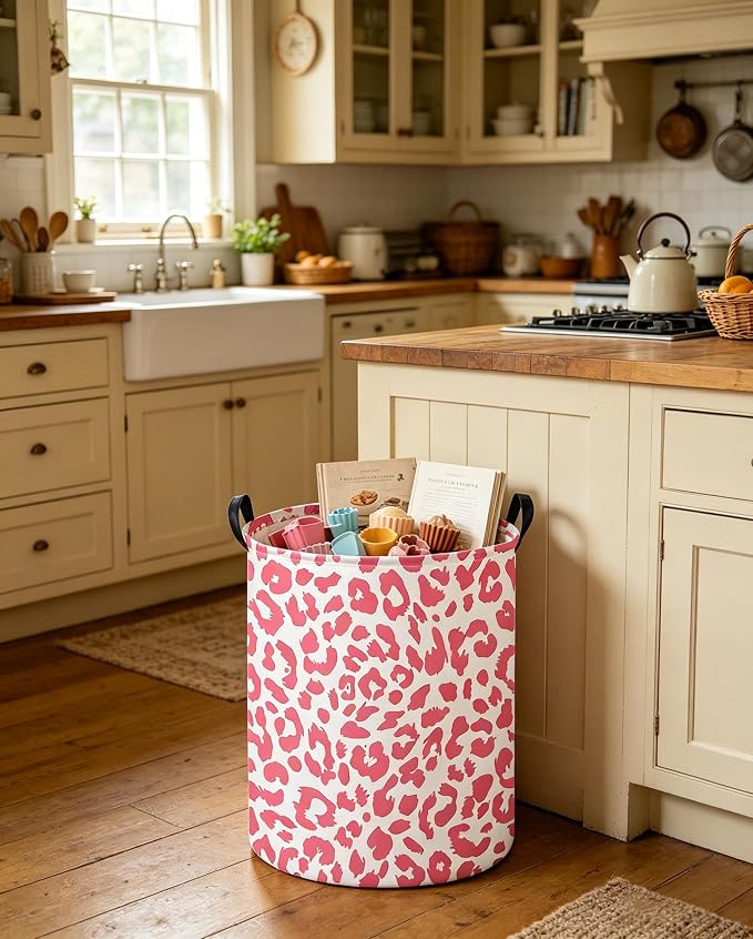 Pink Leopard Print Hamper,Baby Laundry Hamper,Waterproof Collapsible Baby Storage Baskets for Kid Room Decor,Clothes Organizer Basket,Gift Baskets(Pink Leopard Print)