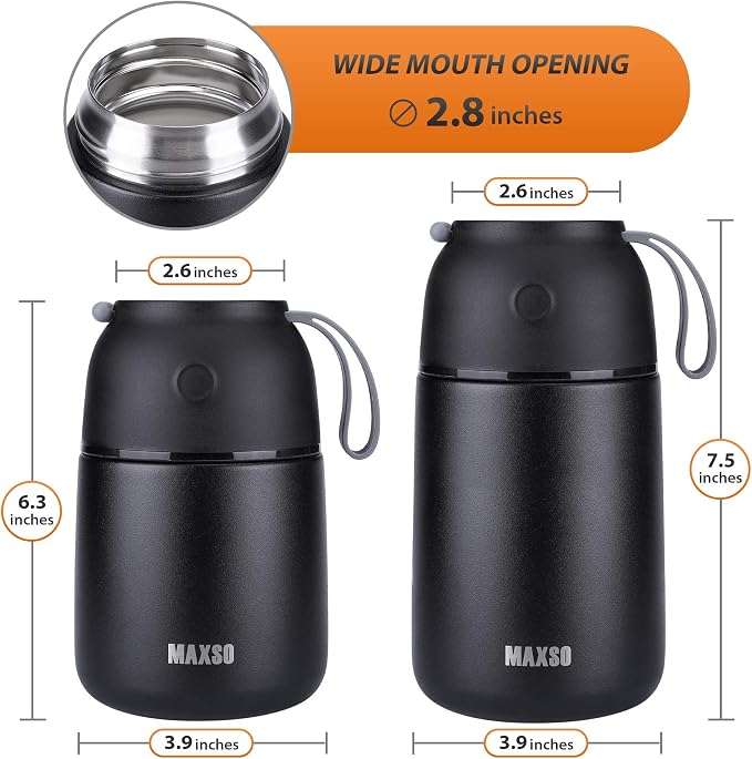 MAXSO 2 Pack Soup Thermo for Hot & Cold Food for Kids Adults, Vacuum Insulated Food Jar Thermal Lunch Containers, Travel Food Flask with Spoon (24 oz,17 oz) (Black)