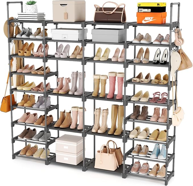 ROJASOP Large Shoe Rack Organizer for Entryway Closet 64-68 Pairs 9-Tier Heavy Duty Tall Garage Shoe Rack Shoe Shelf Shoes Storage with 18 Pcs Removable Side Hooks for Bedroom and Garage Grey