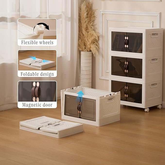 4 Tier Stackable Storage Bins with Lids, Total 106QT (4×26.5QT) Foldable Closet Organizer with Wheels, Collapsible Plastic Storage Boxes for Clothes, Toys, Kitchen, Office, and Dorm Room