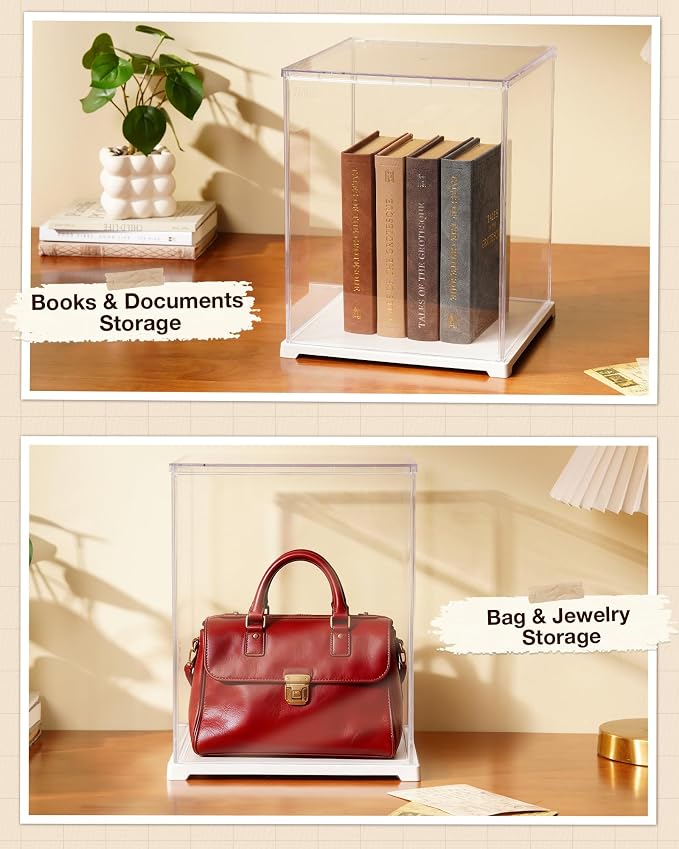 Rolife Acrylic Display Case Dust Cover for Collectibles, Dustproof Protection Showcase with White Base with Door for Plush Toy, Book Nook & Daily Goods (12.2''x9.8''x9.8'')
