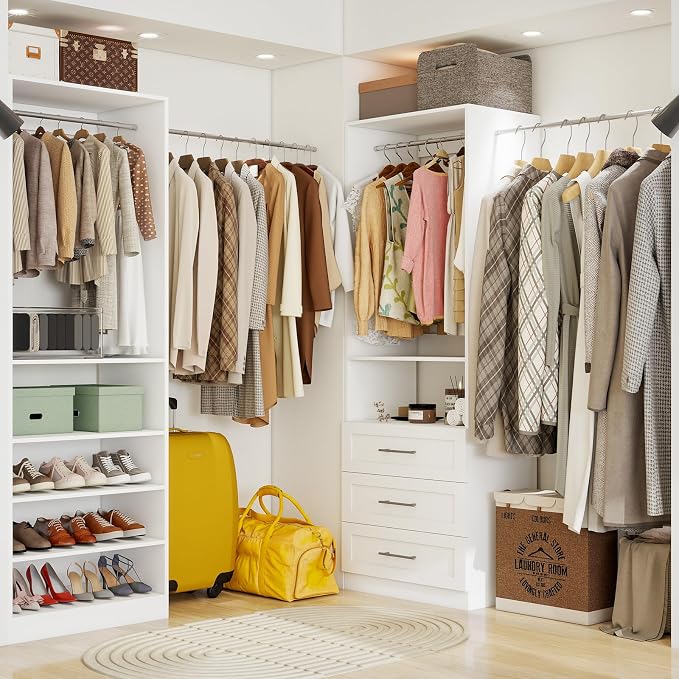 Vomavex Closet System with Drawers of 2 Sets, 4FT-10FT Walk in Closet Organizers and Storage with Hanging Rods & Adjustable Shelves, Free-Standing Modular Closet Systems, White