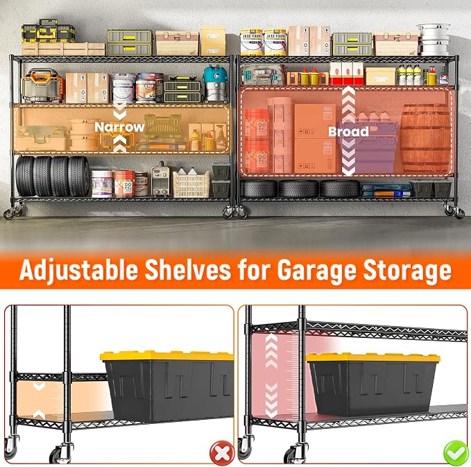 60" W x 18" D x 63.78" H Storage Shelves Wire Shelving with Wheels, Heavy Duty Metal Garage Shelving, Adjustable Wire Rack with Liners, Fits 27-Gallon Totes, for Commercial & Warehouse, 2 PCS