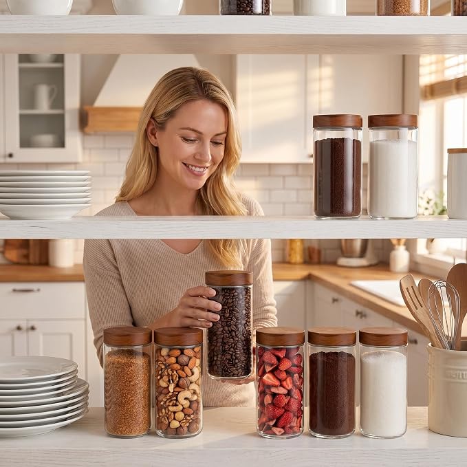 Danmu 24 oz Glass Jars with Lids 4 Pack,Acacia Wood Lid | Airtight Canister for Coffee Bean Storage,Pantry,Home Organization,Leakproof,Dishwasher Safe(remove lids),Fridge Safe
