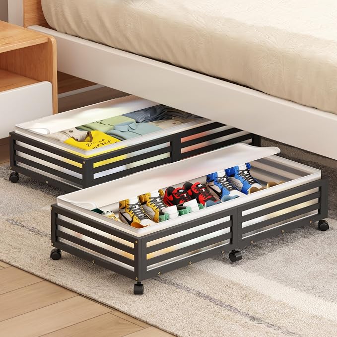 Under Bed Storage with Wheels-Large Bamboo Underbed storage Containers with Large Dust Bag Stackable Under the Bed Shoe Storage Bins for Clothes Books Bedding (2 Packs Black, 33.07"L×16.54"W× 6.5"H)