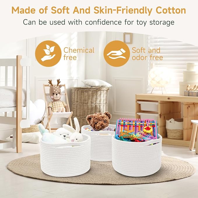 Small Rope Baskets for Storage, Baskets for Gifts Empty, Cute Round Woven Baskets, Decorative Shelf Basket 9.82×9.82×7.1", Cotton Toy Basket Storage Bins for Organizer 3 Packs White