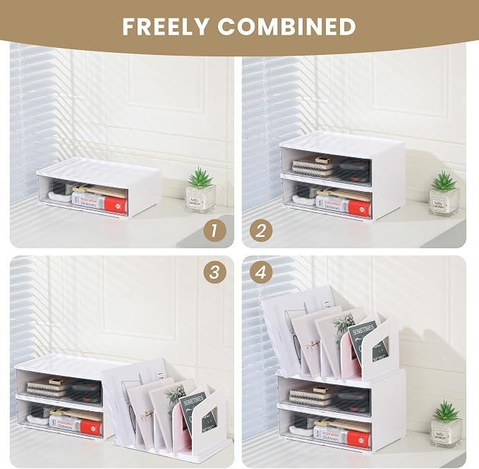 LALOBLUE Acrylic Desk Organizer with Drawer and Vertical File Holder, Desk Organizers and Accessories, Multi-Functional Office Supplies Organizer for Home or Work Desk, White