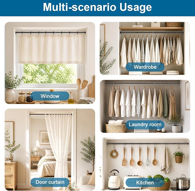 2Pcs Tension Curtain Rod,31-62 Inches Black Shower Rod | No Drilling Installation,11 lbs Max Load,7/8inch Spring Rod Diameter, Adjustable for Doorway, Closet, Kitchen,Bathroom