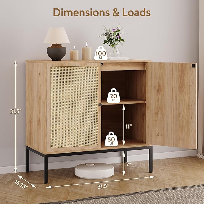 Yechen Set of 3 94.5" Sideboard Cabinet with Natural Rattan Decorated Square Doors, Rattan Cabinet, Accent Buffet Console Storage Credenza, for Living Room Entryway Kitchen, Natural, Metal Legs