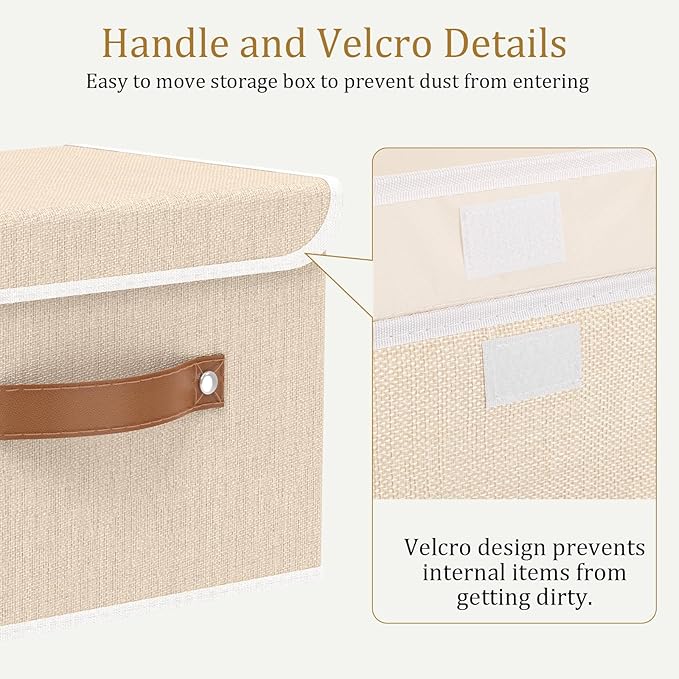 OUTBROS Large Fabric Storage Box with Lid, Collapsible Wardrobe Organiser, Linen Cubes For Towels, Clothes, 13 x 9.1 x 7.9 inch (Beige, 3-Pack)