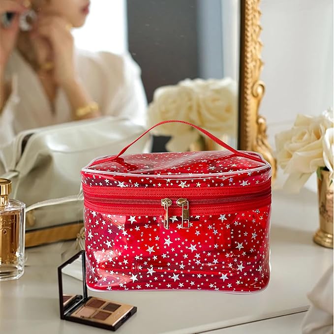 Orange Star Design Orange Makeup Bag with Handle 8.66 x 5.51 x 5.51 inch,Clear Storage Bag Toiletry Pocket Portable Zippered Pouch Waterproof Cosmetic Organizer Bags for Women(Orange-L)
