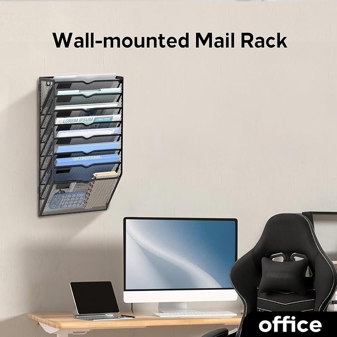 8-Tier Wall File Organizer and Hanging File Organizer, Black | Wall Organizer and Wall Mounted File Holder with 8 Pockets and Label Panels for Files, Mail, Folders, Magazines and Paper
