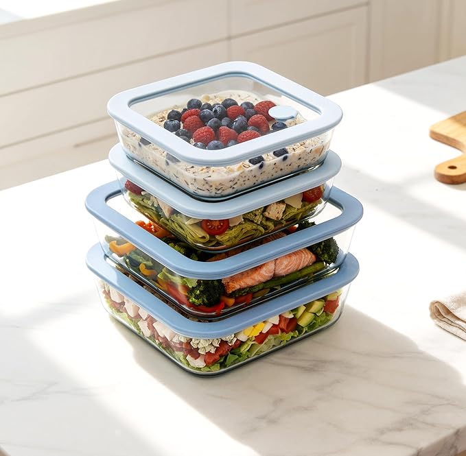 Urban Green Glass Food Container Set with Silicone Glass Lid, Square Shape, 4 Pack, Airtight, LeakProof, 100% Plastic Free, Meal Prep Food Storage Containers, Blue Color
