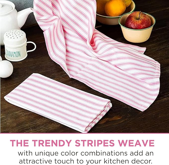 Stripe Kitchen Towels With Hanging Loop - Boho Absorbent Dish Towels Set of 3 - Festive Gift 18x28 Inch Reusable Pantry Decor - Trendy Spring French Pink