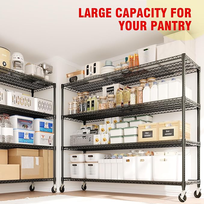 4-Tiers Storage Shelves 73" H Heavy Duty Metal Shelving with Wheels, 2640LBS Load Wire Shelving Rack Garage Shelves for Pantry Kitchen Industrial Warehouse Office, 59" W x 23.9" D