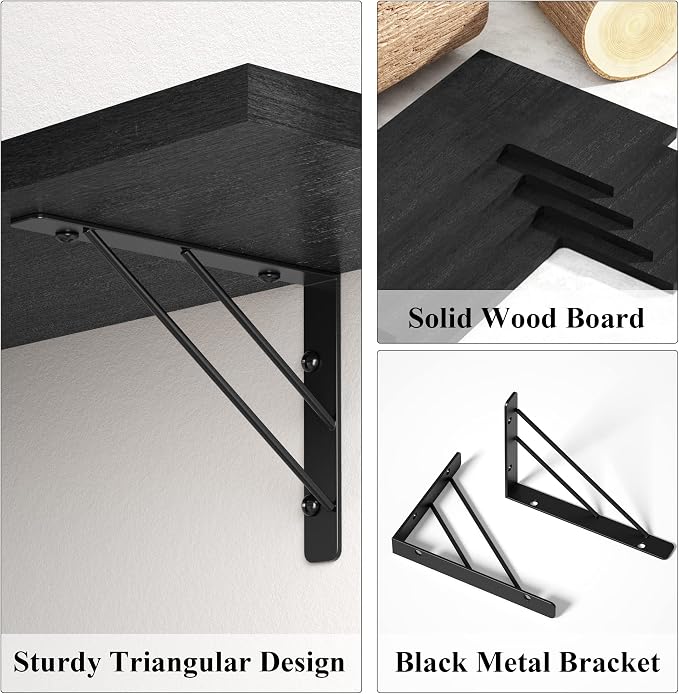 Love-KANKEI Corner Wall Shelf Set of 4，Solid Wood/Bracket,16.5"x 11",Black | Easy to Install,Floating Wall Shelves,40 Lbs/shelf,For Bedroom Living Room Bathroom Kitchen Office,Storage Display,Wall Decor