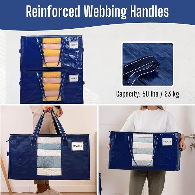 VENO 2 Pack Heavy Duty Moving Bags, Clothes and Comforter Storage Bags with Clear Window, College Dorm Essentials Packing Supplies, Foldable Boxes Alternative (Blue, 2 Pack)