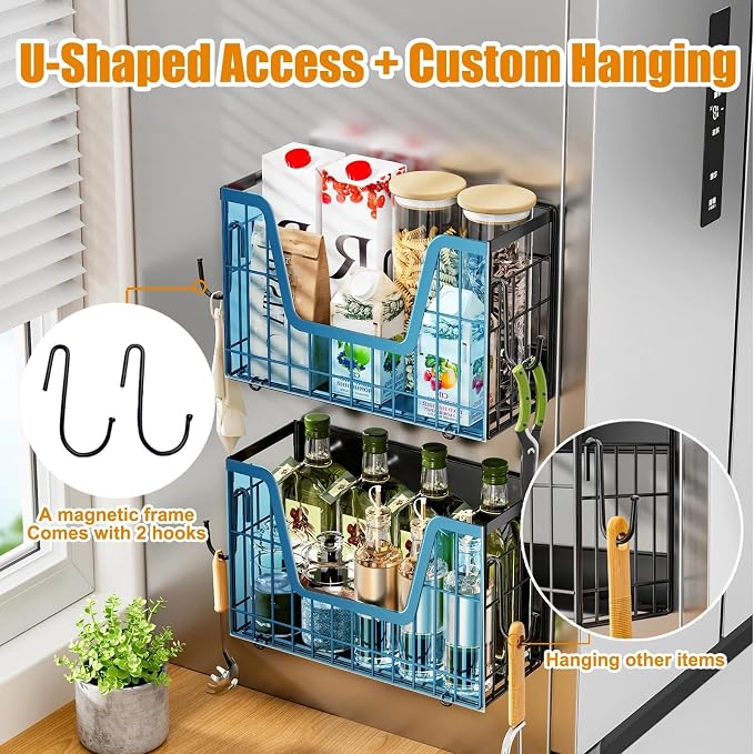 Magnetic Basket for Refrigerator Door,Magnetic Fridge Shelf Storage - 2pc | Versatile Produce & Vegetable Storage Container,Pantry Organizer & Holder,Large Capacity Basket for Kitchen,Cabinet,Pantry