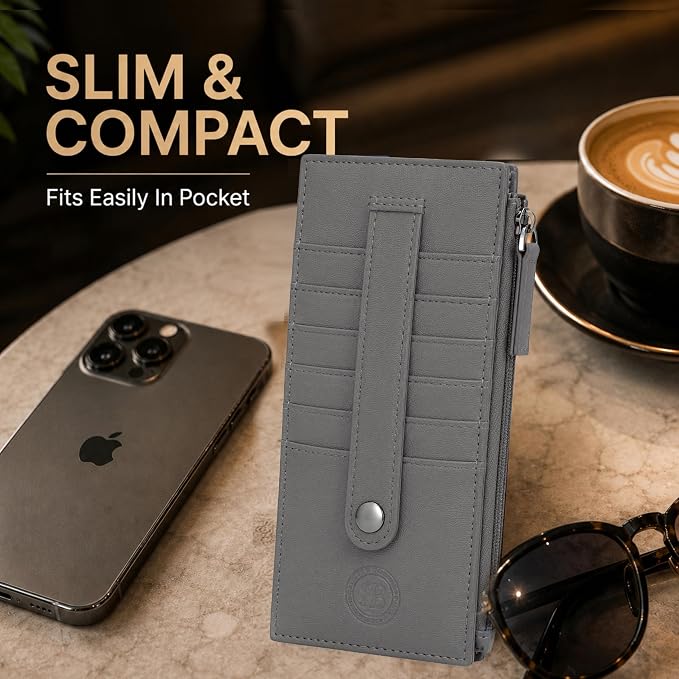 Leatherboss Genuine Leather Women's All in One Credit Business Card Case Holder Slim Zipper Wallet With a Card Protection Strap, Gray