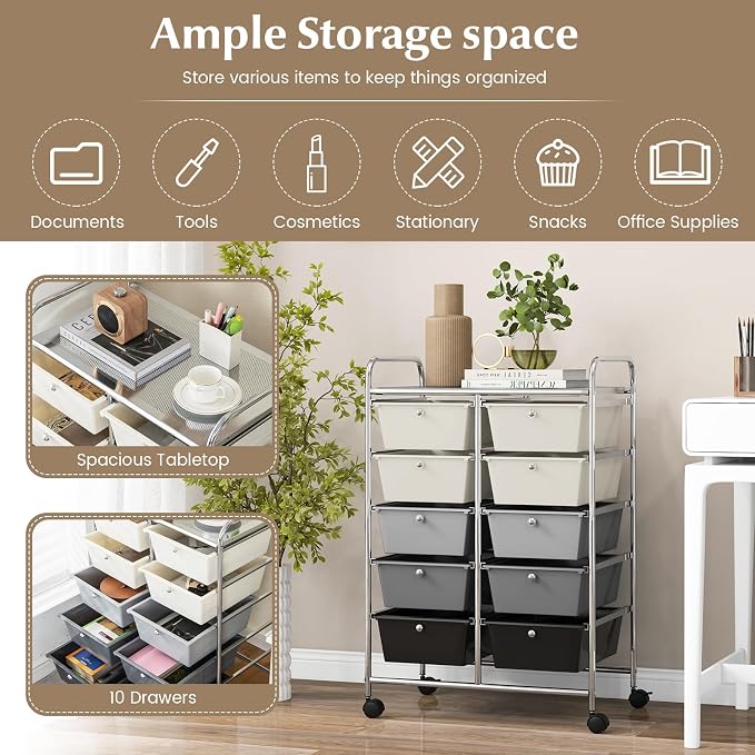 RELAX4LIFE Rolling Storage Cart with 10 Drawers - Craft Storage Cart with Lockable Wheels,Utility Cart, Art Cart Organizer for Crafting Storage, Studio, Office, Home, School Rolling Drawer Cart