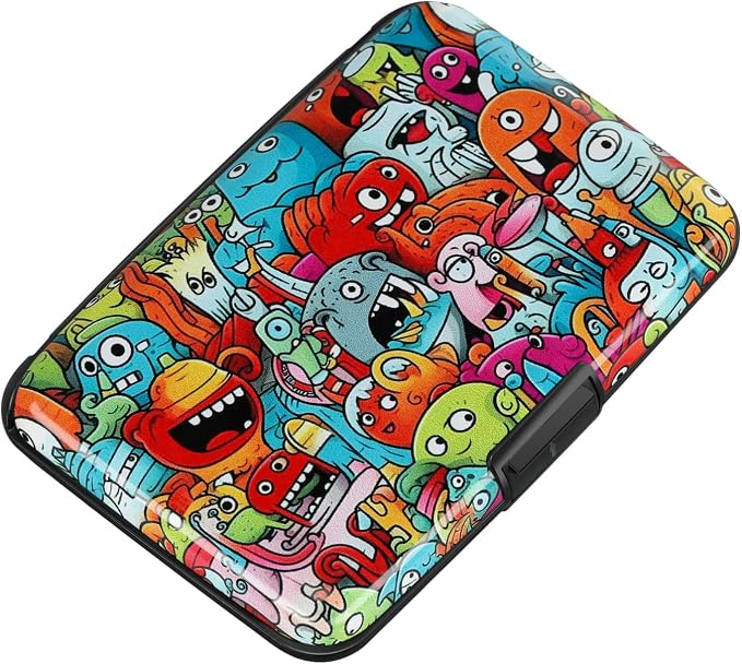 ELFISH RFID Blocking Credit Cards Holder Aluminum Wallet Metal ID Case for Men Women(Monsters)