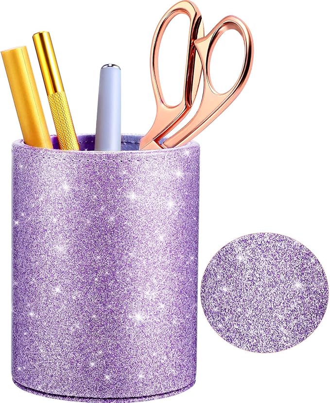 Outus Back to School Supplies PU Glitter Pen Holder Pencil Cup Shiny for Women Girls, Luxury Makeup Brush Holder PU Leather Organizer Cup Gift for Desk Office Classroom Home(Purple)