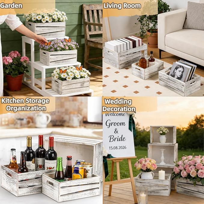AVLA 3 Pack Wooden Storage Crates, Rustic Nesting Container Bin with Handles, Decorative Farmhouse Wood Basket, Vintage Wood Box Display Risers for Home, Kitchen Pantry Cabinet, Shelf, Counter