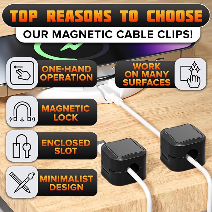 12 Pack Magnetic Cable Clips Black – Fast Locking System Cable Management for Desk, Nightstand & Car – Strong Adhesive Wire Clips, USB Cable Organizer, Phone Charger Cord Holder for Home & Office