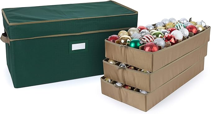 Covermates Keepsakes Adjustable Ornament Storage Box – Heavy-Duty Polyester, Padded Dividers & FlexGrid Trays – Protective Holiday Organizer with Stackable Walls & Label Window, Green